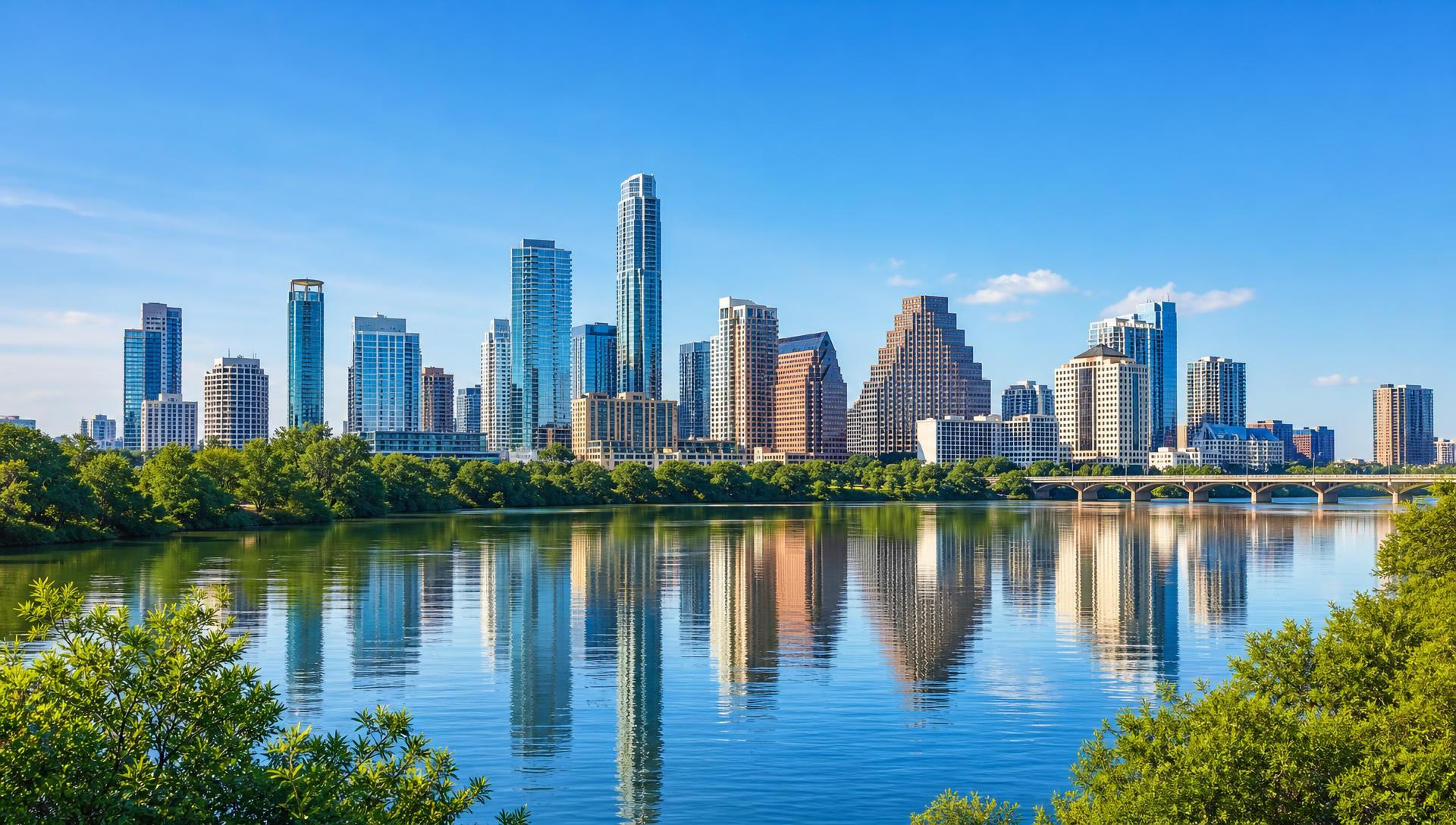 Austin, Texas skyline reflected in Lady Bird Lake on a bright day